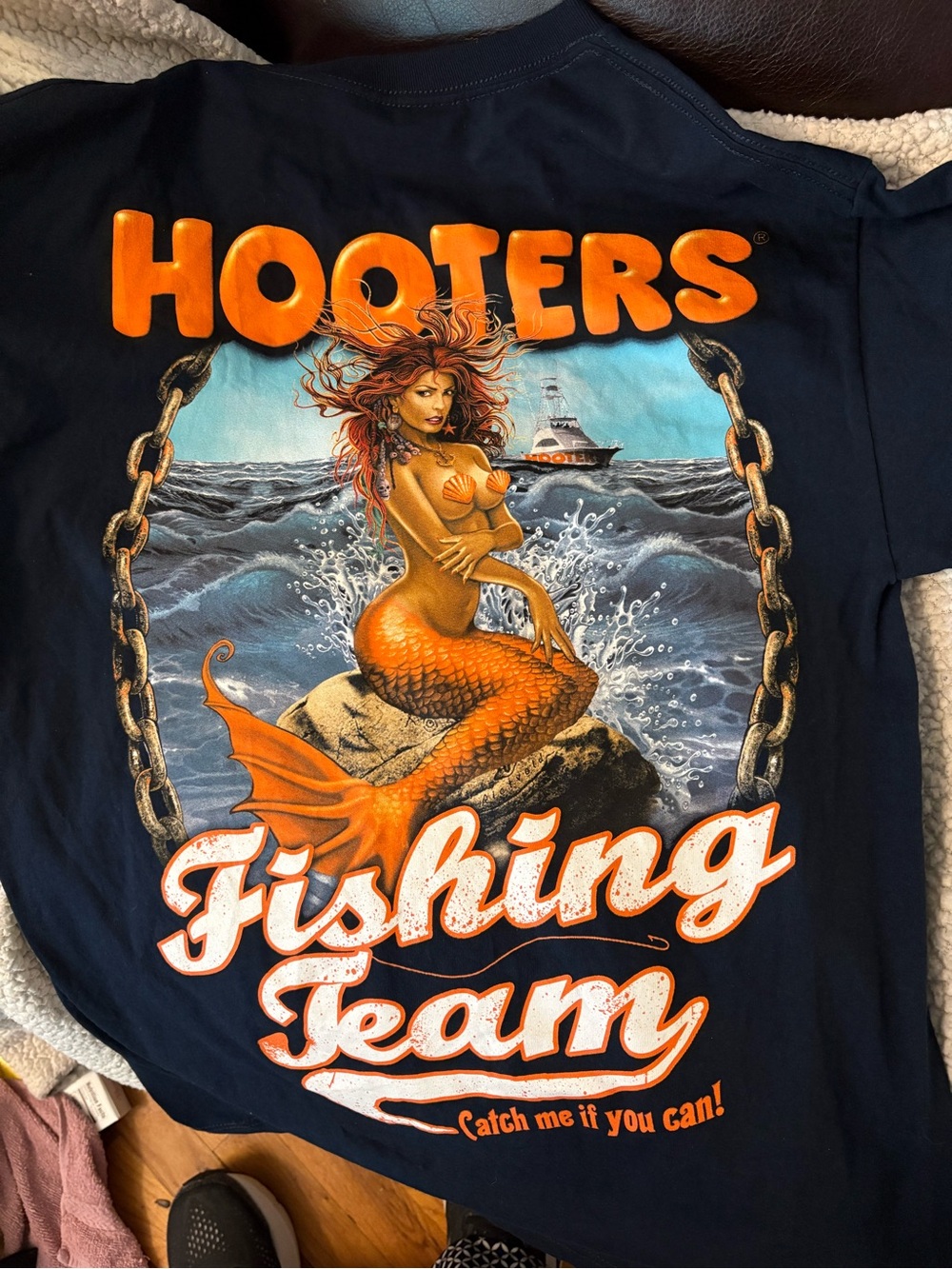 Hooters Fishing Team Alstyle Black Graphic Tee with Mermaid on Back